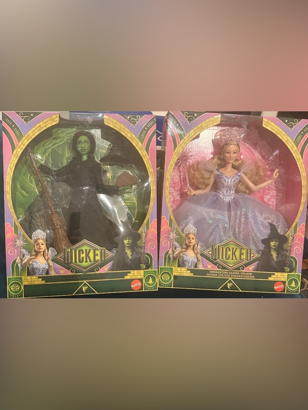Mattel Wicked Elphaba (green) & Glinda (pink/lavender) Collector Doll Duo